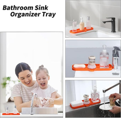 MicoYang Silicone Soap Dish with Drain Spout — Self-Draining Double Sink Organizer Tray for Kitchen & Bathroom, Dispensers, Sponges & Soap Holder, Non-Slip & Dishwasher Safe, Orange (Large, 12"×4")