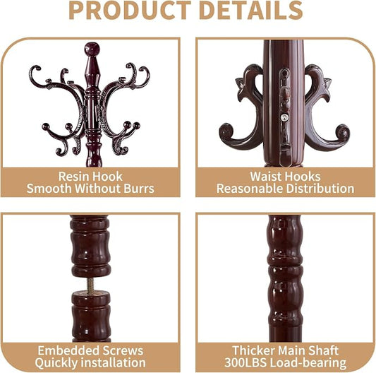 ZOZOE Wooden Classic Coat Rack Stand, Solid Wood Coat Rack Freestanding with 14 Hooks, Vintage Coat Racks with Sturdy Triangle Base, Natural Birch Wood Coat Clothes Tree Stand for Entryway Hallway