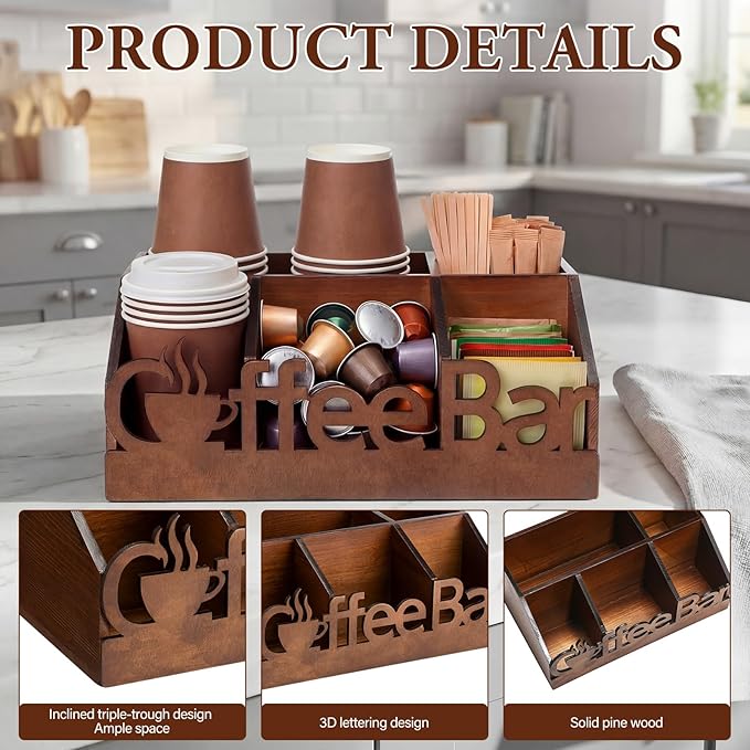 Coffee Station Organizer for Counter Wood Countertop Accessories Organizer Coffee Pods Holder Storage Basket for Pods Condiment Syrup Tea Cups Stirrers for Rustic Bar Decoration(Brown)