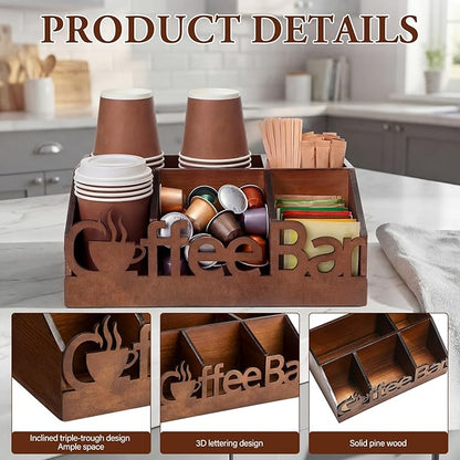 Coffee Station Organizer for Counter Wood Countertop Accessories Organizer Coffee Pods Holder Storage Basket for Pods Condiment Syrup Tea Cups Stirrers for Rustic Bar Decoration(Brown)