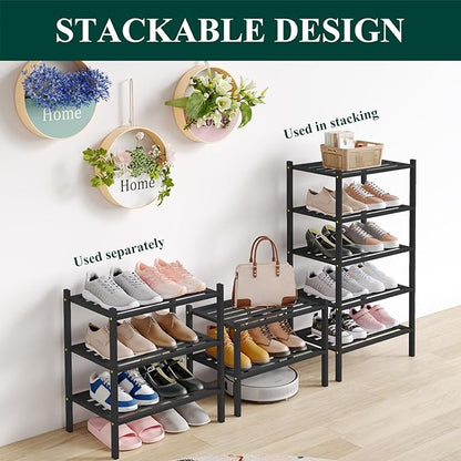 Smiry Small Bamboo Shoe Rack 5-Tier, Stackable Wooden Shoe Organizer for Entryway & Closet, Free Standing Wood Shoe Storage Shelf for Front Door & Small Spaces, Black