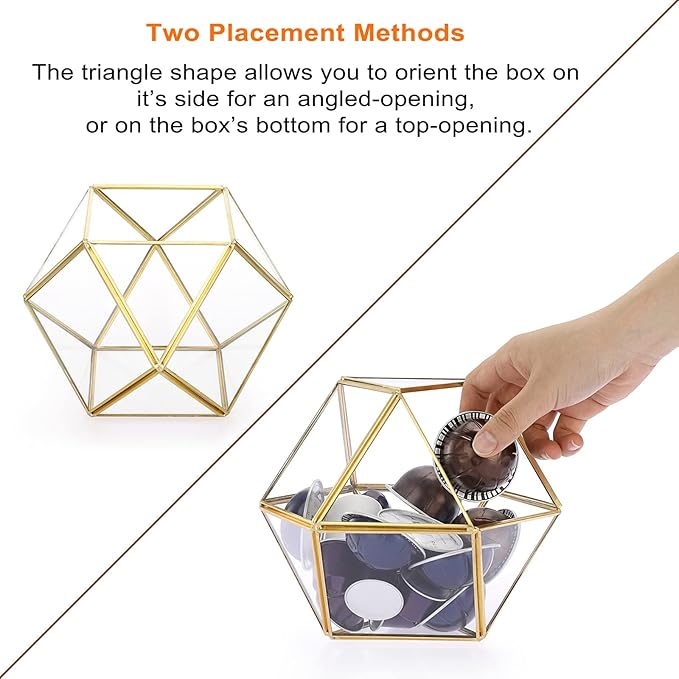 ELLDOO Gold Glass Coffee Pods Holder, Large Capacity 14 Sided Glass Box for K Cups & Nespresso Capsules, Coffee Capsule Storage for Counter Coffee Bar, Kitchen, Office