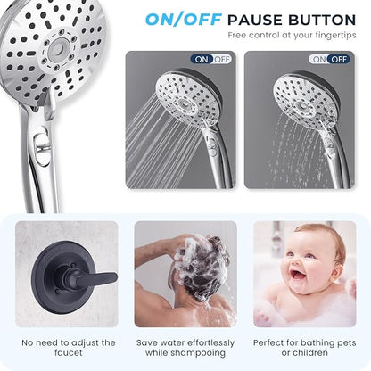 Ryamen Dual Shower Head Combo, 8'' High Pressure Rain Shower Head with Handheld Spray, 6+1 Spray Settings Handheld Showerhead, Height Adjustable, One-touch Pause Button, Chrome Polished