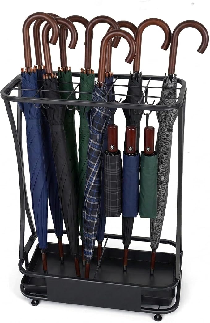 15 Slot Umbrella Stand with 8 Hooks – Heavy Duty Metal Indoor Umbrella Rack Holder with Removable Drip Tray – Large Commercial Entryway Organizer for Office, Lobby or Home