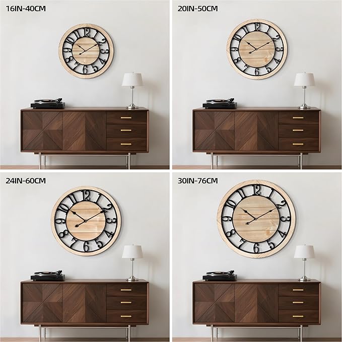 LEIKE 20 Inch Large Wall Clock - Rustic Wooden Silent Non-Ticking Wall Clock with Black Metal Frame, Vintage Farmhouse Decorative for Living Room, Bedroom, Kitchen - Arabic Numerals, Modern Design