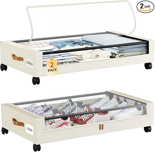 Somdot Under Bed Storage with Wheels, 2 Pack Bed Storage Containers with Dividers & Clear Lids, Easy Pull-out Metal Drawer for Clothes, Shoes,Toys, Blankets (Beige)