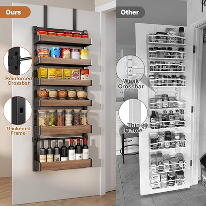 6-Tier Over The Door Pantry Organizer, Heavy-Duty Metal Wall Mount or Hanging Spice Rack, behind the door storage Shelves with Adjustable Basket, Back of Door Organizer for Kitchen Cabinet and Closet
