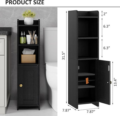 Lomojo Small Bathroom Storage Cabinet, Toilet CabinetFreestanding Bathroom Organizer for Small Spaces, Narrow Toilet Paper Corner Floor with Door and Shelves,Black