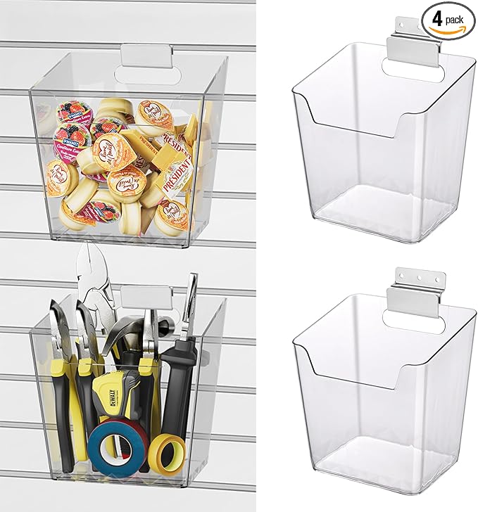 Clear Slatwall Bins, 4 Pack Slat Wall Accessories Cups Hooks Assemble Set Fit Most Slat Board Storage Systems Transparent Display Hanging Holder Organizers for Garage Shed Office Craft Tool (Large)