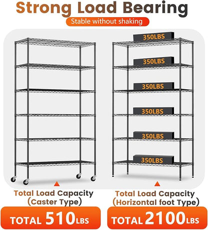 BestOffice | 6-Tier Wire Storage Shelves with Wheels | 18x45x82 | Black | Adjustable Racks | Heavy-Duty Metal Shelf, Holds Upto 2100 lbs | No-Tool Assembly | Ideal for Home & Garage Shelving