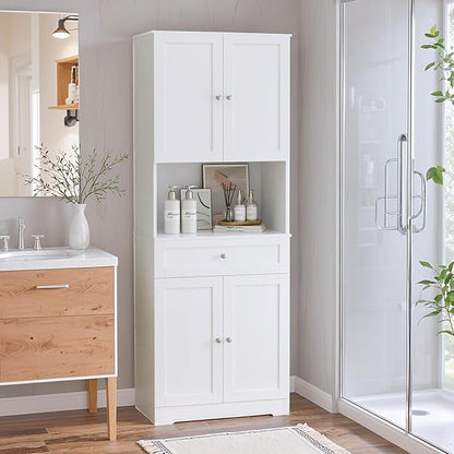 Tall Bathroom Storage Cabinets with Drawer, Modern Linen Cabinet with Doors & Shelves, 67"H Tall Storage Cabinet Freestanding for Bathroom, Dining Room, Kitchen & Pantry, Laundry, Narrow Corner, White