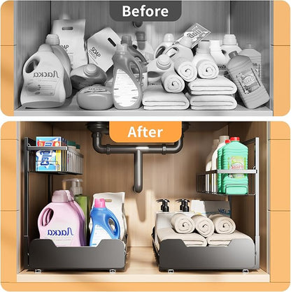 Under Sink Organizer, 2-Tier L-Shaped Pull Out Cabinet Shelf with 2 Installation Methods, Adjustable Sliding Storage Drawer for Kitchen, Bathroom, Laundry, Metal, Black