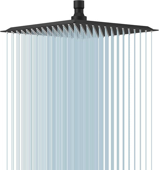 BESy 10 Inch Rain Shower Head, 10" Square Rainfall & High Pressure Stainless Steel Bath Showerhead, 1/16" Ultra Thin, Waterfall Full Body Coverage with Silicone Nozzle, Matte Black Finish