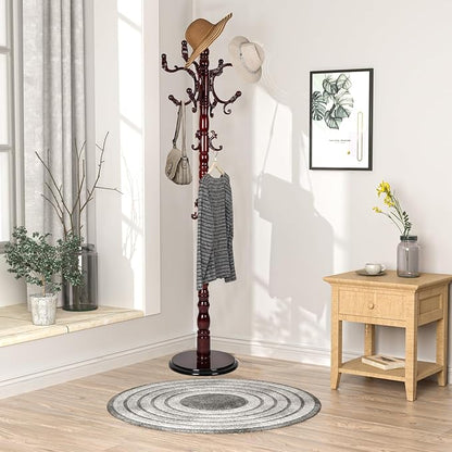 Wooden Coat rack freestanding, Coat racks stand with 14 Hook, Heavy duty coat tree standing 3 Adjustable Heights for Bedroom, Entryway, Hallway, Office,Stury Base (Redwood)