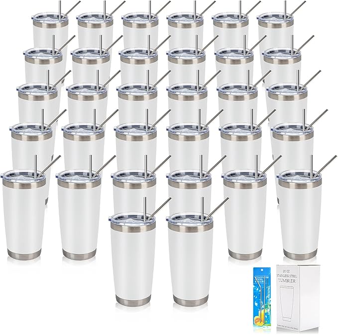 IEOVIEE 32 Pack, 20oz Stainless Steel Bulk Tumblers with Lids and Straws, Double Wall Insulated Travel Coffee Mug, Durable Powder Coated Tumbler Bulk Cup for Cold and Hot Drinks(White)