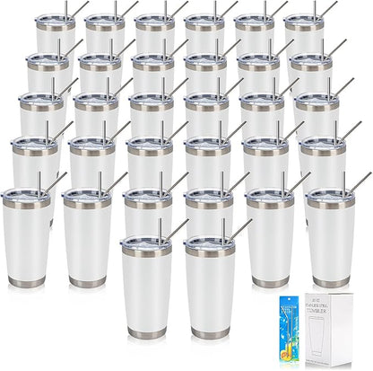 IEOVIEE 32 Pack, 20oz Stainless Steel Bulk Tumblers with Lids and Straws, Double Wall Insulated Travel Coffee Mug, Durable Powder Coated Tumbler Bulk Cup for Cold and Hot Drinks(White)