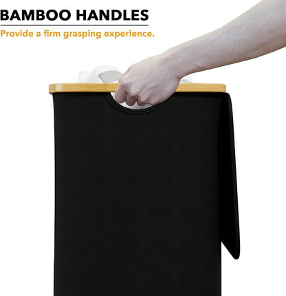 SpaceAid Laundry Hamper with Lid, 110L Large Tall Clothes Basket Bin with Bamboo Handles, Collapsible Laundry Hamper for Bedroom, Bathroom, Dorm, Laundry Room - Black