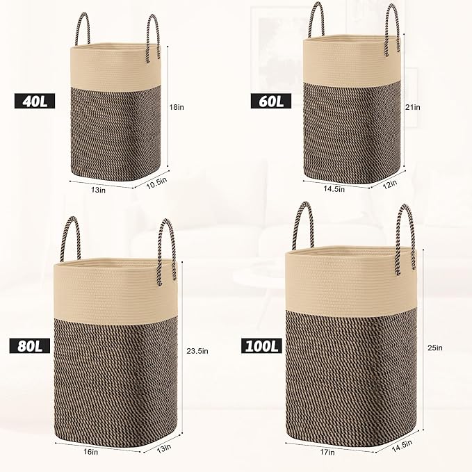 Laundry Basket,Woven Cotton Rope Laundry Hamper,Versatile Storage for Dirty Clothes,Baby Toys,and Blankets in Bathroom, Nursery,and Living Room (Jute, 60L)