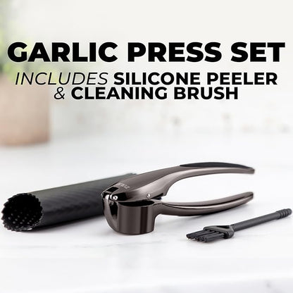 Zulay Kitchen Premium Garlic Press Set – Rust Proof & Dishwasher Safe Garlic Mincer Tool with Silicone Garlic Peeler & Brush, Easy Squeeze & Clean, Ergonomic Soft Grip Handle - Medium – Dark Gray