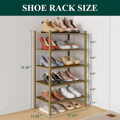 Smiry Small Bamboo Shoe Rack 5-Tier, Stackable Wooden Shoe Organizer for Entryway & Closet, Free Standing Wood Shoe Storage Shelf for Front Door & Small Spaces, Walnut