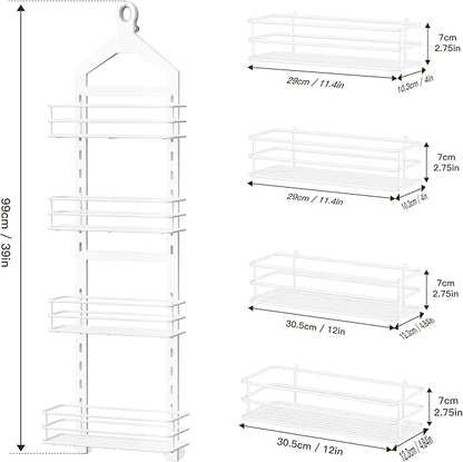Orimade 4 Tier Adjustable Anti-slip Shower Caddy Over Shower Head, Rustproof Bathroom Hanging Organizer With 4 Hooks for Razor, No Drilling Shower Shelves Storage Rack, White