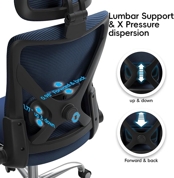 Office Home Ergonomic Desk Chair-Computer X-Shaped Chair Mesh PU Leather with Adjustable Lumbar Support-Executive Chair High Back Flip-Up Arms for Long Hours (Navy Blue)
