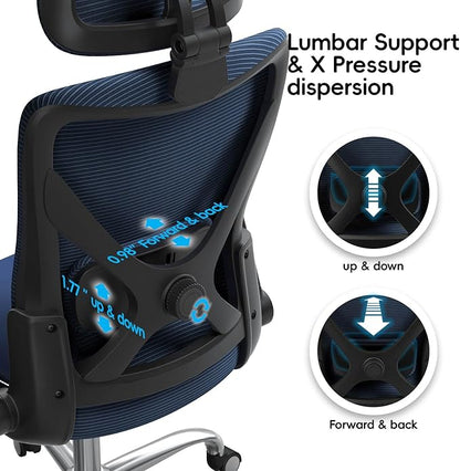Office Home Ergonomic Desk Chair-Computer X-Shaped Chair Mesh PU Leather with Adjustable Lumbar Support-Executive Chair High Back Flip-Up Arms for Long Hours (Navy Blue)