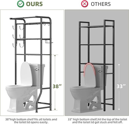Simple Trending Over The Toilet Storage Cabinet, Metal Bathroom Shelf Organizer with Paper Holder and Hooks, 3 Tier, Black