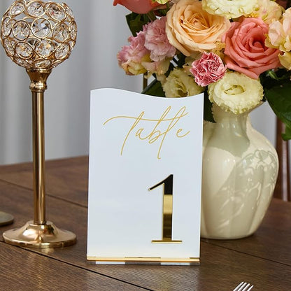 Gold Mirrored Acrylic Wedding Table Numbers 1-10 Set, Self-Standing Modern Arched Signs for Reception Seating, Anniversary & Bridal Shower, Elegant Wedding Decor (5x7 Inches)