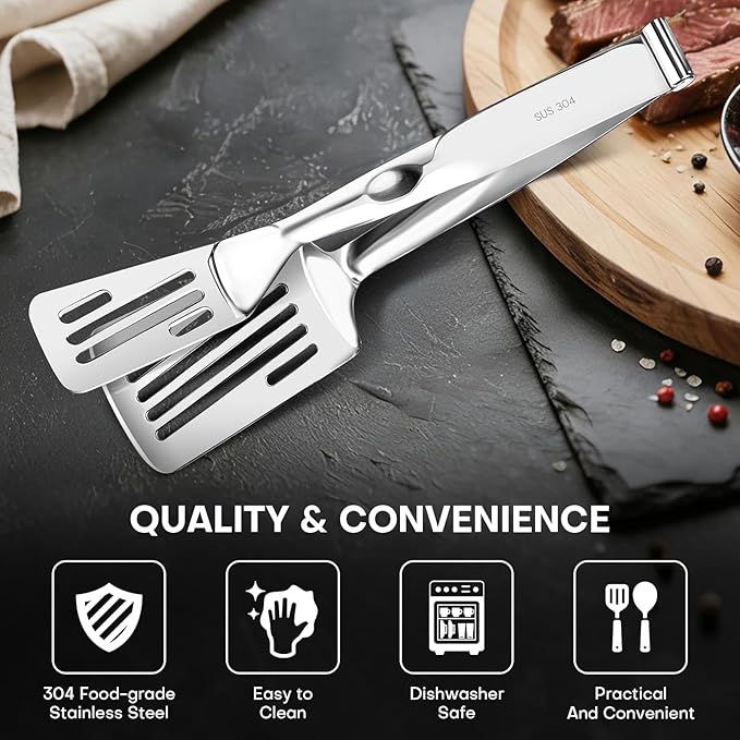 2-in-1 Spatula Tongs, 11.8 Inch 304 Stainless Steel Kitchen Tongs for 12 Inch Cooking Use, Detachable Metal Tongs with Oil Drain Holes for Grilling Frying Steak