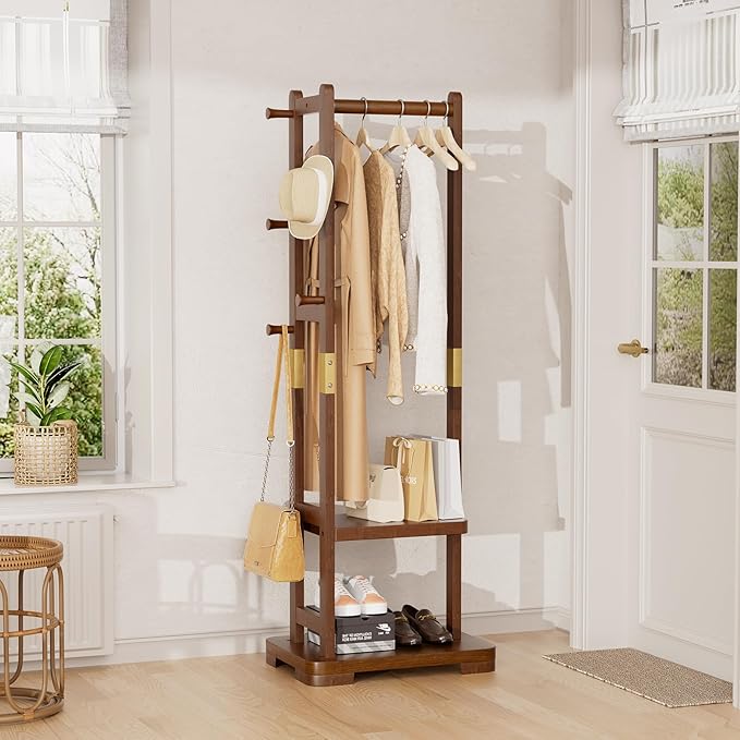 Solid Wood Clothes Rack Coat Rack with 2 Shelves & 4 Hooks for Hanging Clothes Garment Wallets Hats, Clothing Rack Coat Rack Freestanding Hall Tree with Storage for Hallway Bedroom Living Room