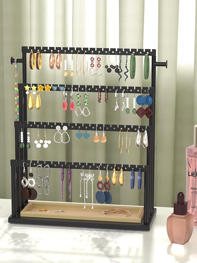 Earring Holder Organizer, 4-Tier Metal Jewelry Display Stand with Wooden Storage Organizer, Large Earring Holder for Studs, Hoops, and Dangles, Modern Jewelry Organizer for Women