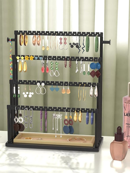 Earring Holder Organizer, 4-Tier Metal Jewelry Display Stand with Wooden Storage Organizer, Large Earring Holder for Studs, Hoops, and Dangles, Modern Jewelry Organizer for Women