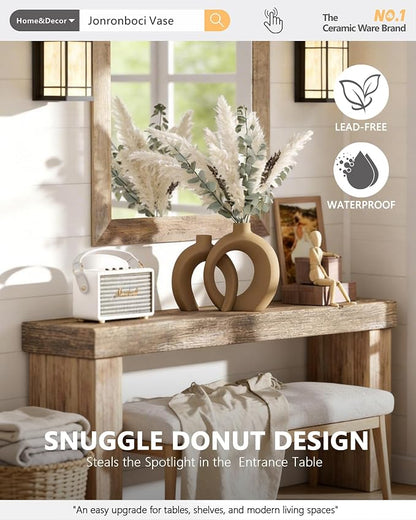 Set of 2 Brown Ceramic Vases for Home Decor Accents - Unique Hollow Donut Artistic Design Rustic Farmhouse Style Decorative Vases for Shelf, Mantel, Entryway Table Decor (Matte Brown)