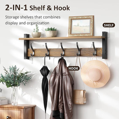 Coat Rack Wall Mount with Shelf, 24 Inch Coat Hanger Walls Mounted, Hat Rack for Walls, Shelf with 5 Coat Hooks, Wall Hanger for Entryway (Brown)