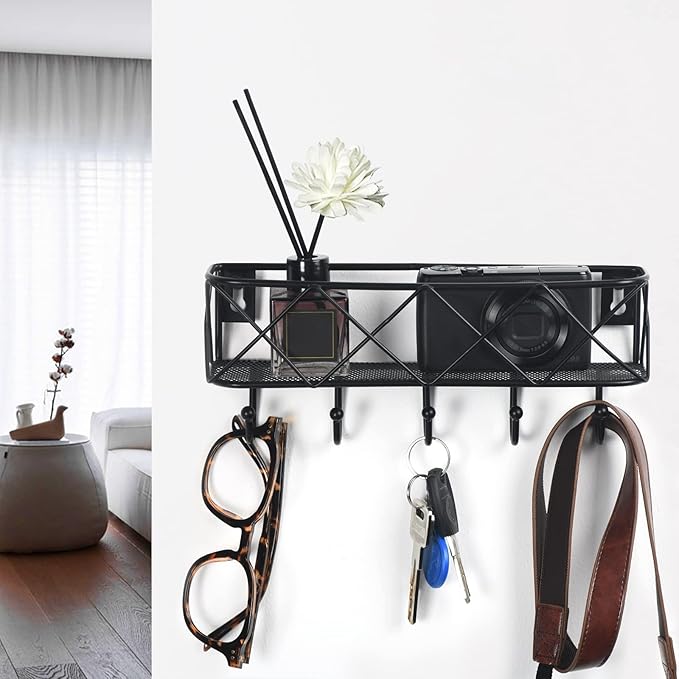 HappyHapi Key Holder for Wall Decorative, Entryway Key Hooks, Wall Mounted Key Rack with 5 Hooks, Metal Wire Mesh Basket Mail Holder, 9.8”Lx2.1”Wx4.1”H