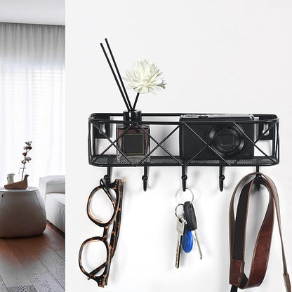 HappyHapi Key Holder for Wall Decorative, Entryway Key Hooks, Wall Mounted Key Rack with 5 Hooks, Metal Wire Mesh Basket Mail Holder, 9.8”Lx2.1”Wx4.1”H