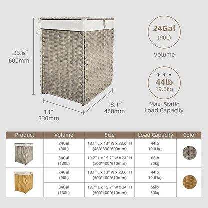 Woven Laundry Hamper with Lid,24Gal (90 L) Rattan Wicker Laundry Basket 2 Sections with Lid, Removable Machine Washable Line, Large Clothes Hamper with Handles for Bathroom Bedroom, Gray