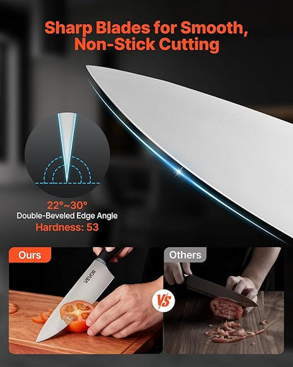 VEVOR Kitchen Knife Set with Block and Sharpener, 15 Piece High Carbon Stainless Steel Sharp Knife Set, Kitchen Cutlery with Ergonomic Handle, Sharpening Rod and Premium Wooden Block, for Home Cooks