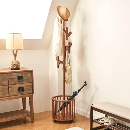 Wooden Coat Rack with Storage Basket & 12 Hooks - Freestanding Heavy Duty Rolling Coat Tree Stand with Wheels, Hat Hanger for Entryway, Hallway, Bedroom, Living Room Corner (Walnut)