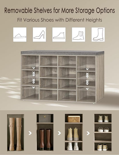 DINZI LVJ Shoe Storage Bench with Cushion, 14-Cubby Shoe Rack, Adjustable Shelves, Multifunctional Shoe Organizer Bench for Entryway, Mudroom, Hallway, Living Room, Bedroom and Garage, Gray Wash