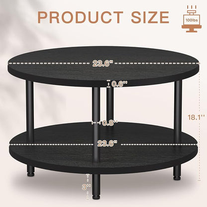 FAMIDGE Round Coffee Table, 23.6" Circle Coffee Table for Living Room, 2-Tier Wood Accent Center Table with Open Storage Industrial Design Home Furniture, Black