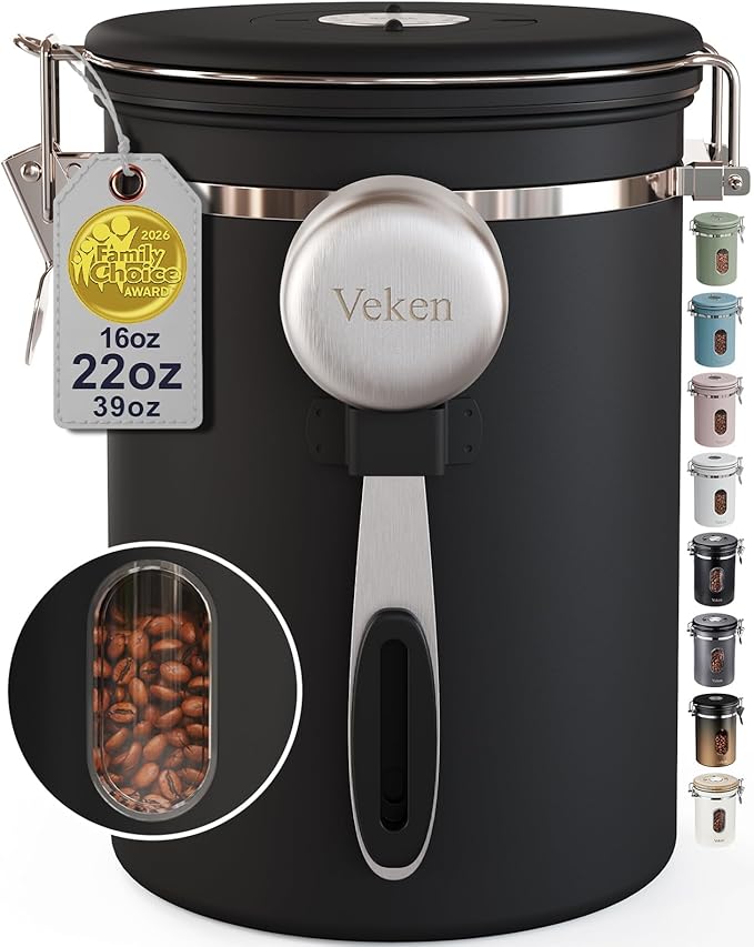 Veken Coffee Canister with Window,Airtight Stainless Steel Pantry Container,Kitchen Food Storage Organizers for Beans,Ground,Espresso,Rice,Tea,Sugar, Cereal, Bar Accessories,Gifts,Lids,Jars,22OZ,Black