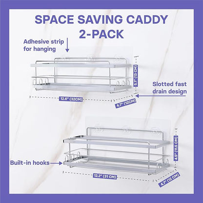 KINCMAX Iron Shower Caddies - Self Adhesive Bathroom Shelves for Showers - Wall Organizer Shampoo Holder Shelf - Peel and Stick On Caddy Bath Tub Rack - Pack of 2 Holders - Silver