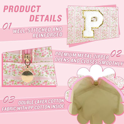 Personalized Quilted Cosmetic Bag, Puffy Monogrammed Christmas Birthday Gifts for Women & Girls, Cute initial Floral Makeup Bag Puffer Coquette Bag, Aesthetic Travel Toiletry Zipper Pouch(Pink,P)