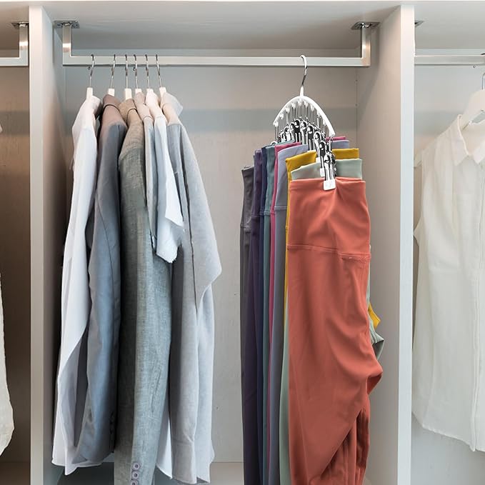 Legging Organizer for Closet, Metal Yoga Pants Hanger w/Rubber Coated 4 Pack w/10 Clips Hold 40 Leggings, Hangers Space Saving Hanging Closet Organizer for Closet Organizers and Storage-White