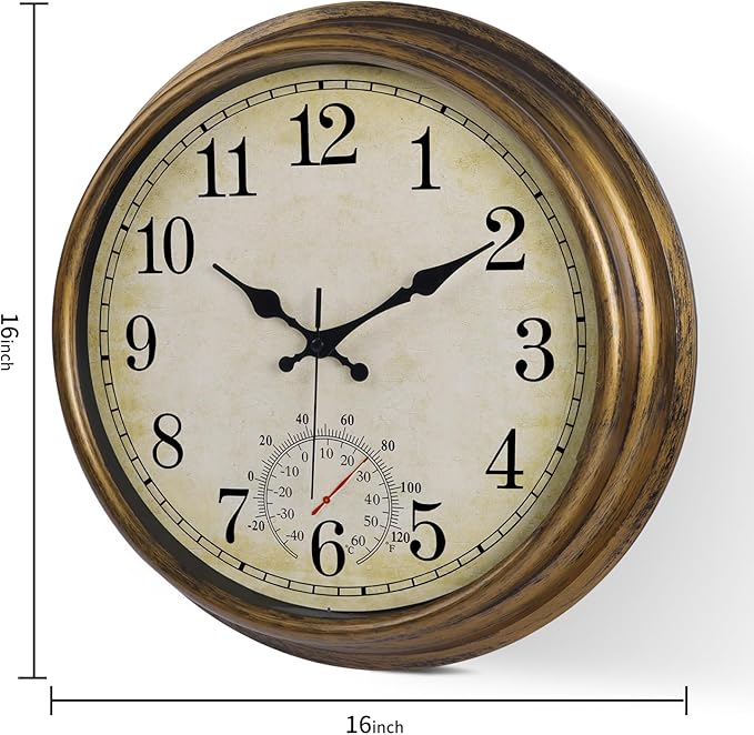 16 Inch Large Outdoor Clock, Waterproof Wall Clock with Thermometer, Battery Operated Silent Non-Ticking Vintage Wall Clock Quartz Round Clock Home Decor,Brown