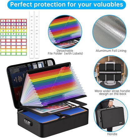 ENGPOW 5200℉ Soft Case Fireproof Document Box with Lock,Fireproof Box with 25 Colorful Pocket Accordion File Folder,Fireproof Water Resistant Safe File Organizer Storage for Important Documents