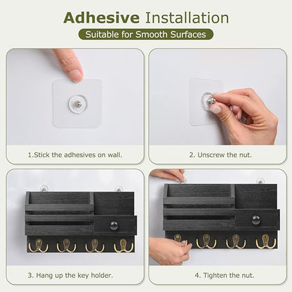 Key Holder Wall Mount, Wooden Adhesive Mail and Key Organizer with Drawer, Small Shelf, 8 Hooks, 2 Installation Methods, Black