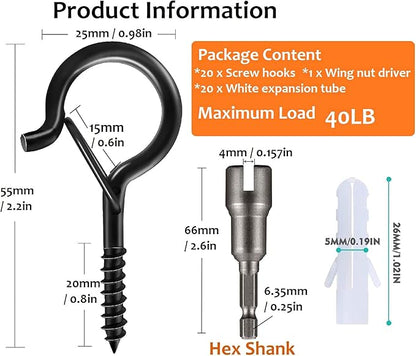20 PCS Q-Hanger Screw Hooks with Safety Buckle Design Christmas Lights Hanger Hooks, Easy to Release, Include 1 Wing Nut Driver